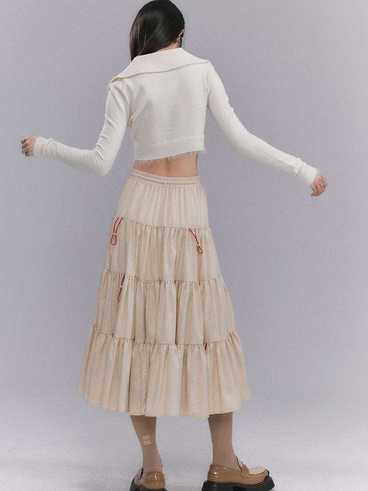 Tiered Pleaats Crumply Flare Drawstring Long-Skirt