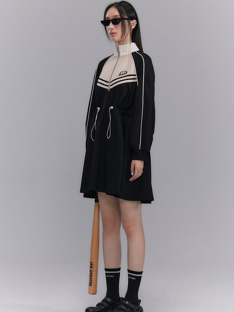 Drawstring Sporty Flare Stand-collar One-piece