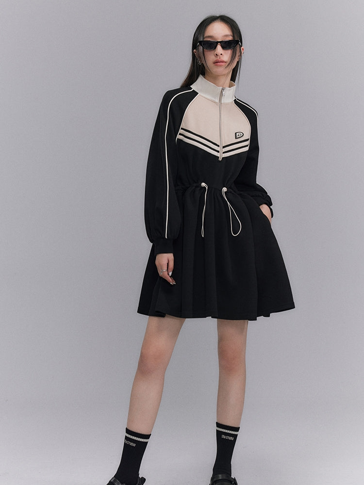 Drawstring Sporty Flare Stand-collar One-piece