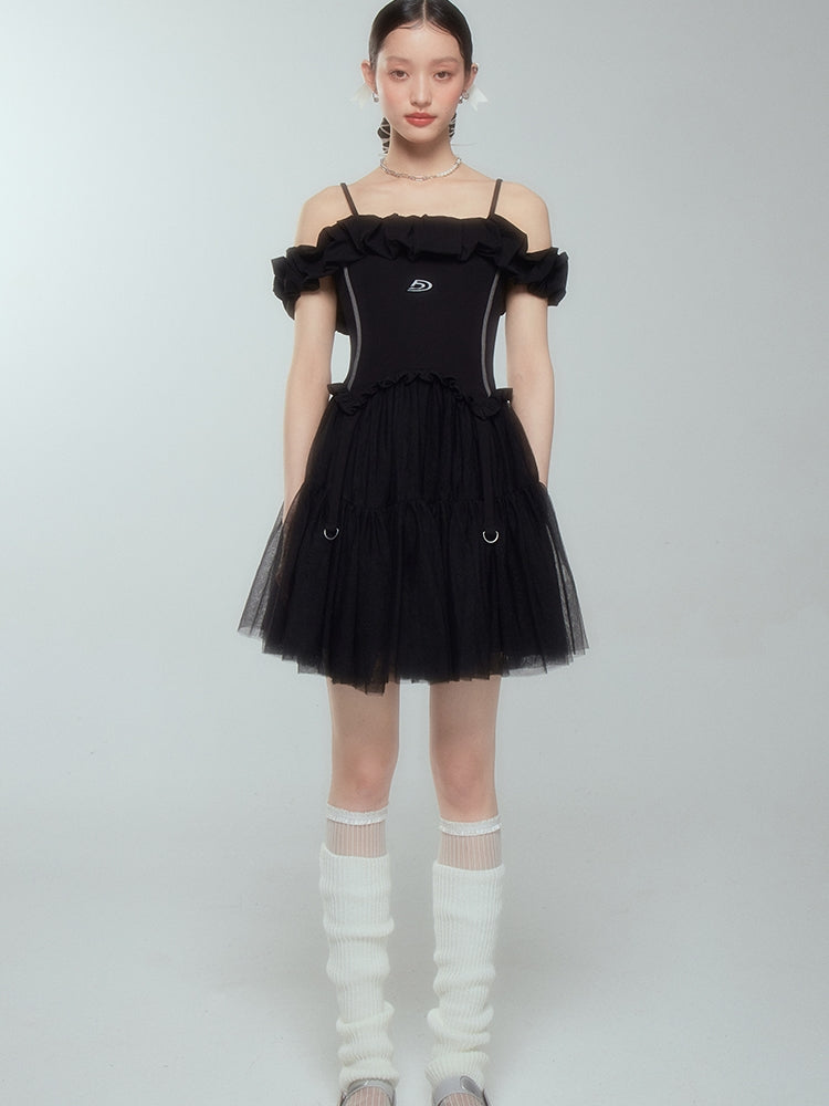 Off-shoulder Frill Ciffon Tutu Tight One-piece