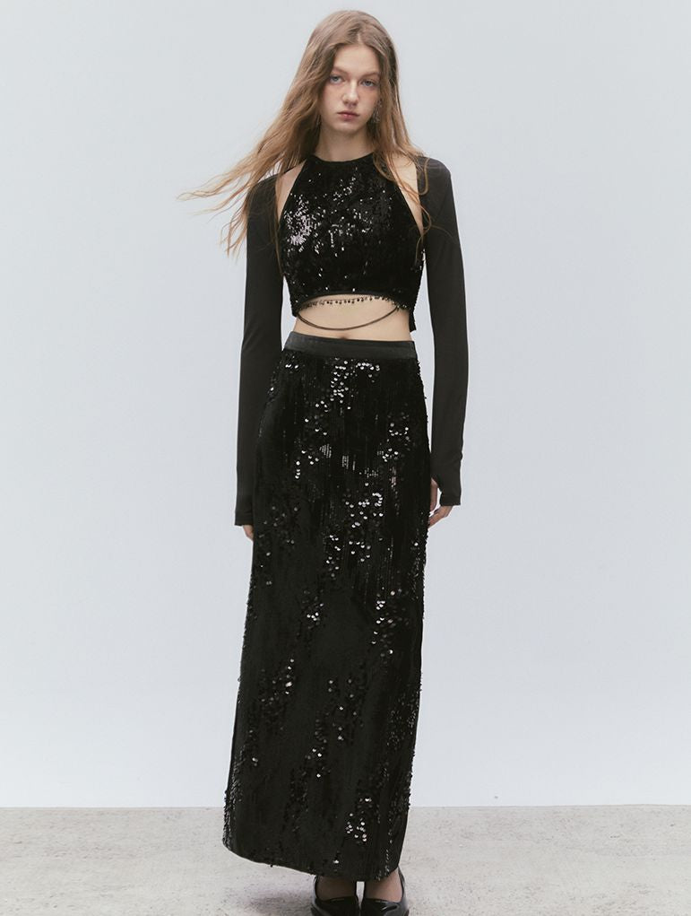 Chain Sequin Luster Tops＆Long-Skirt