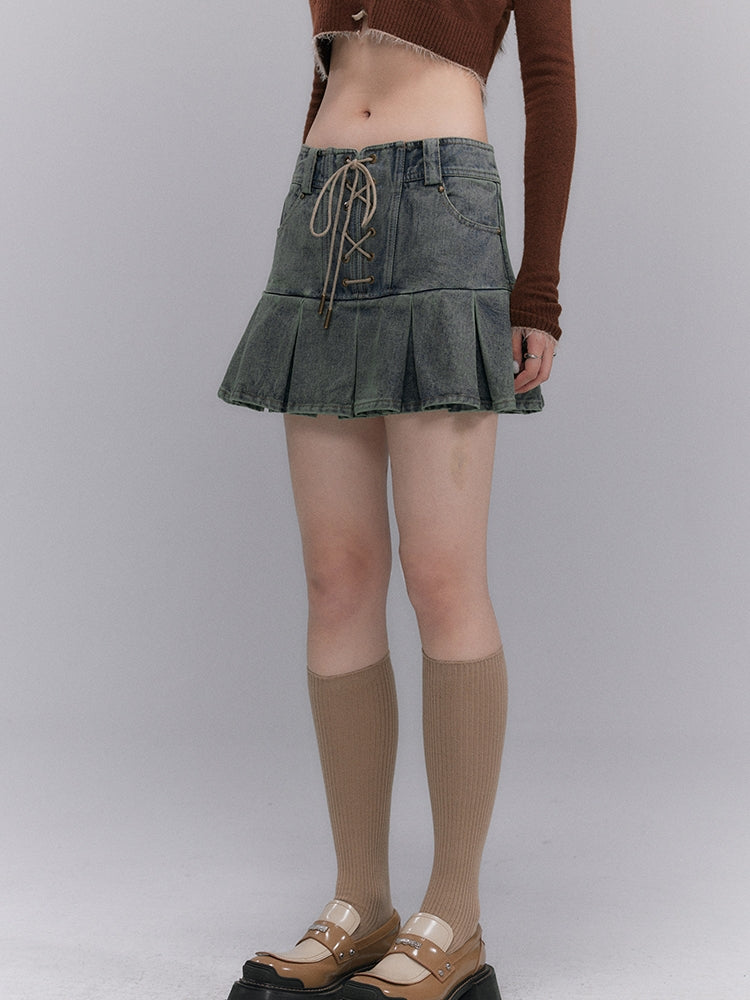 Denim Lace-up Short Retro Girly Skirt