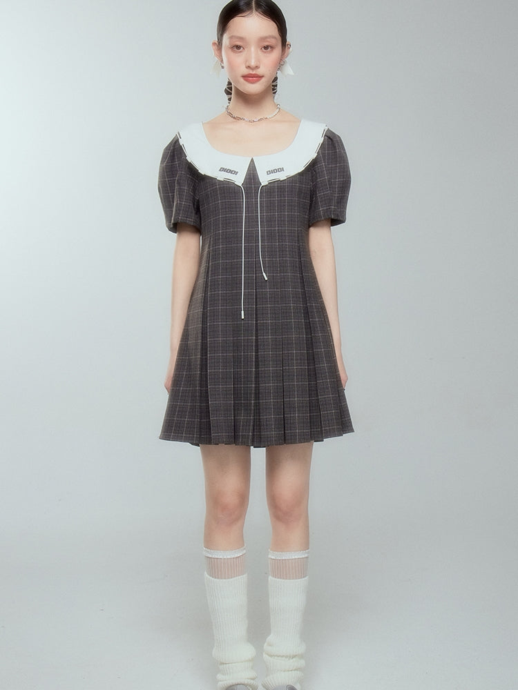 Girly Checked College Pleats Flare One-piece