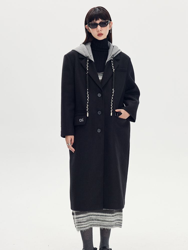 Bi-color Hoodie Long Casual Coat