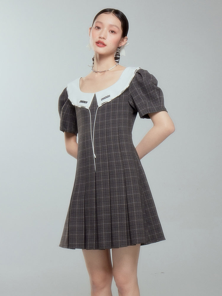 Girly Checked College Pleats Flare One-piece