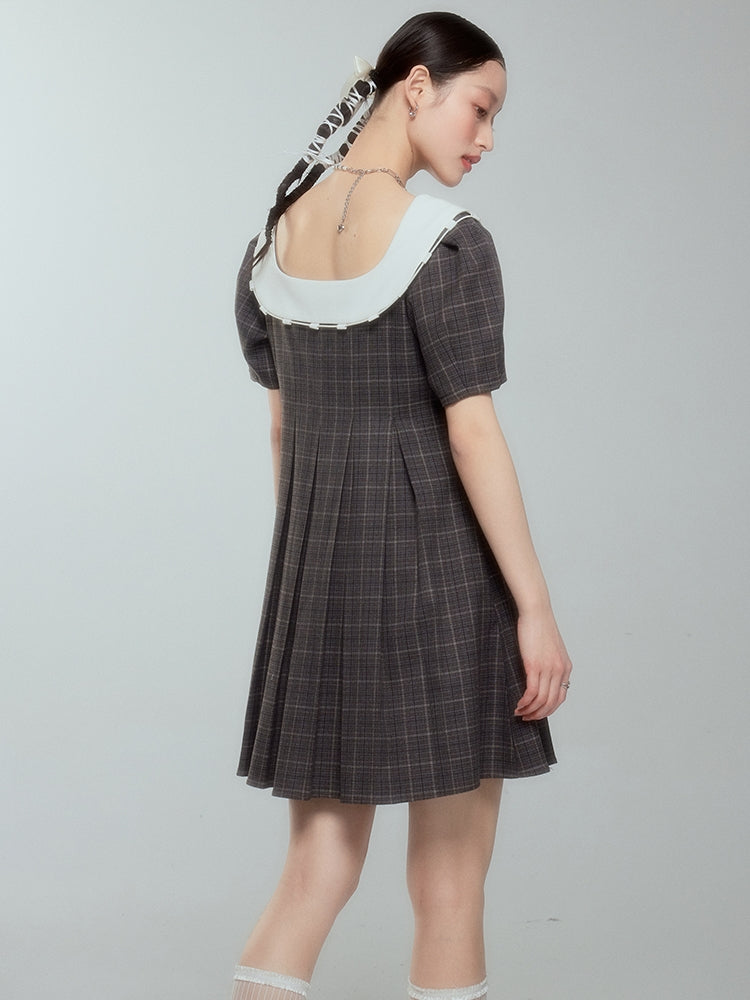 Girly Checked College Pleats Flare One-piece