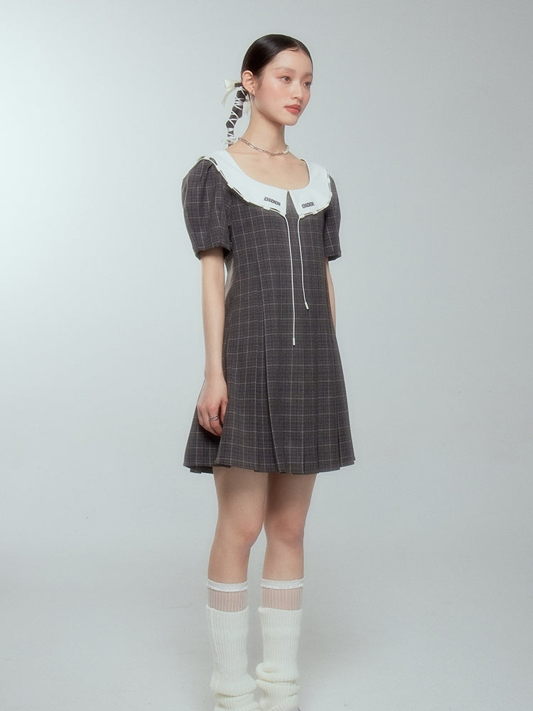 Girly Checked College Pleats Flare One-piece