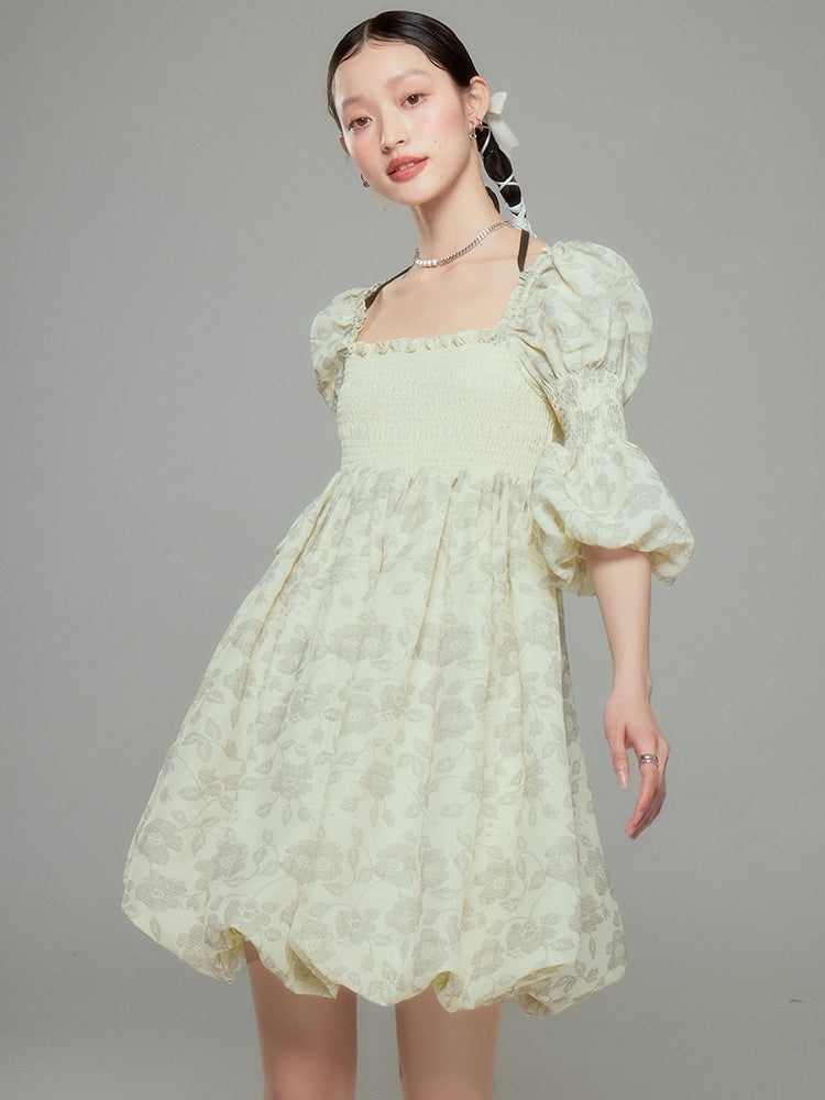 Balloon Flower Princess Puff-sleeves  Gather Retro One-piece