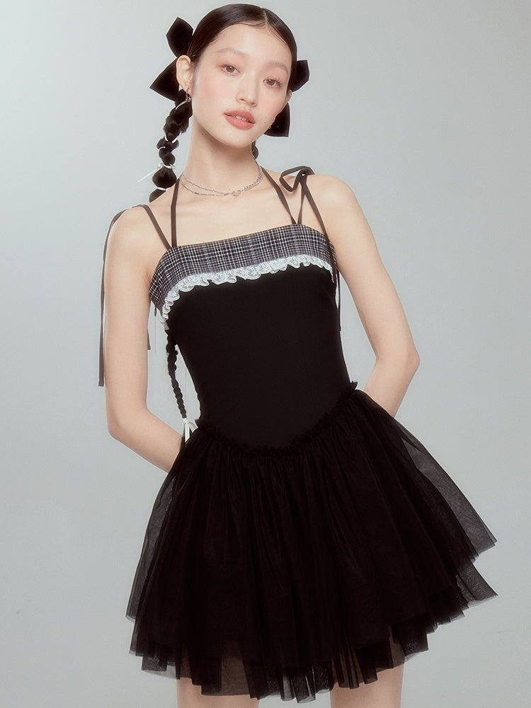 Grid Stitch Lace Embroidered Suspender Dress