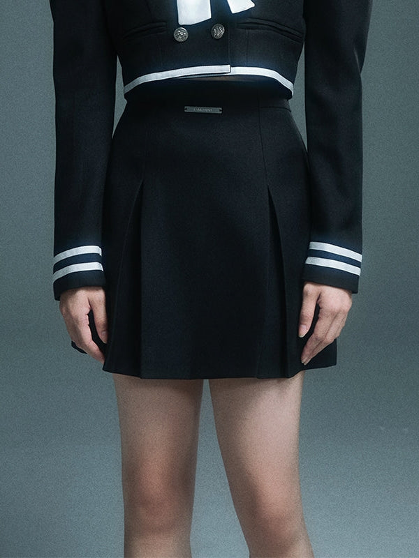 Navy Collar Puff Sleeve Short Jacket & Skirt