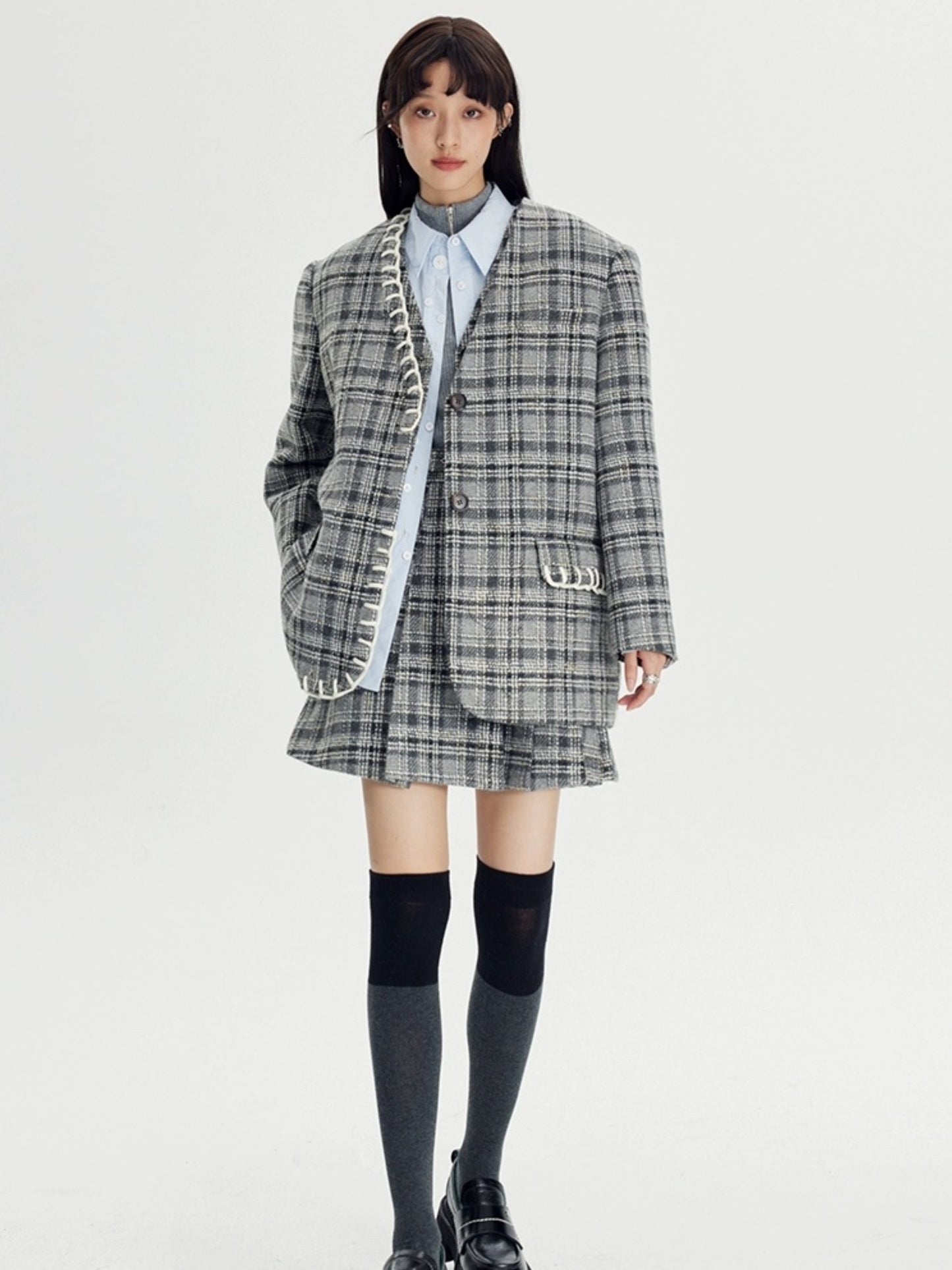 Woven Plaid No-Collar Jacket ï¼?Vest ï¼?Pleated Skirt