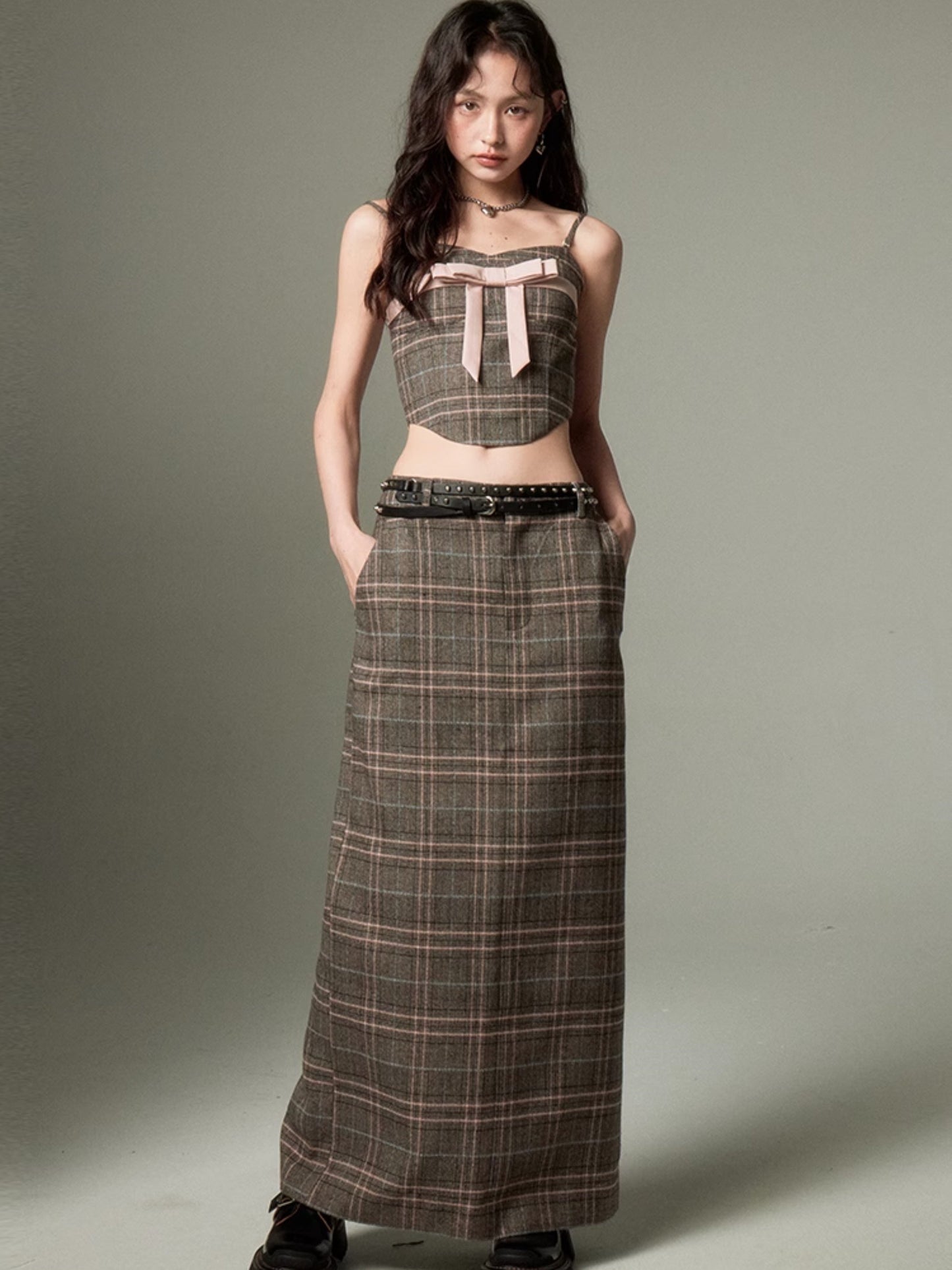 Plaid Bow Cropped Camisole ï¼?Long Skirt