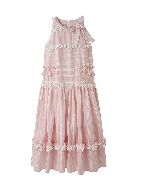 Ruffled A-line Ribbon Hanging Neck Cake One-piece