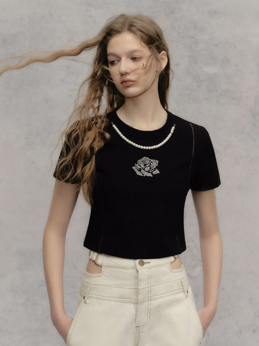 Detachable Imitation Pearl Necklace T-shirt