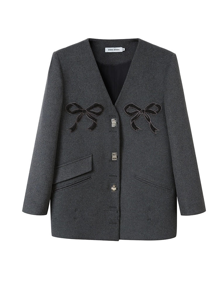 V-neck Bow Embroidery Metal Button Jacket