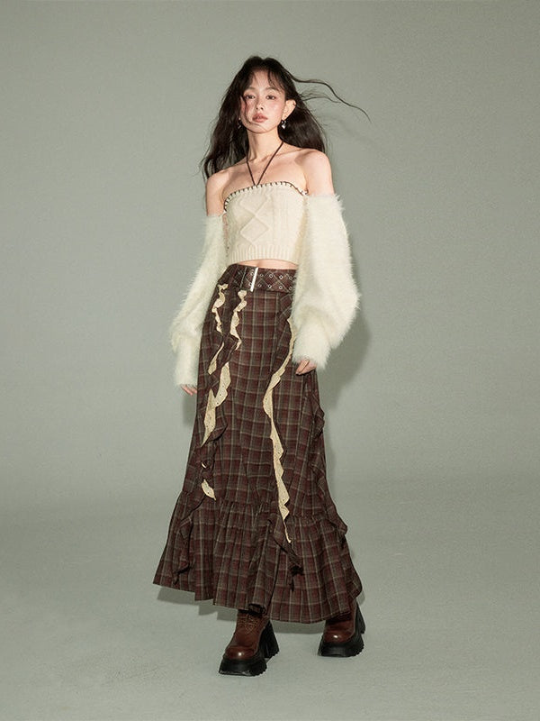 Ribbon Frill Plaid Flounce Skirt