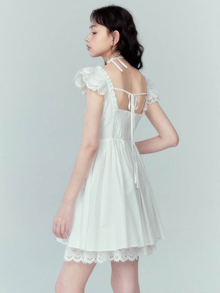 Stitching Lace Jacquard Flying Sleeve Dress