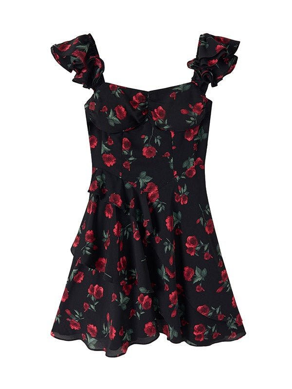 Rose Floral Belt Chest Strap Dress