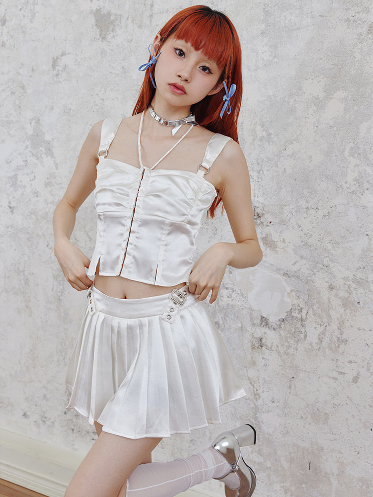 Shiny Suspender Top & Low Waist Pleated Skirt