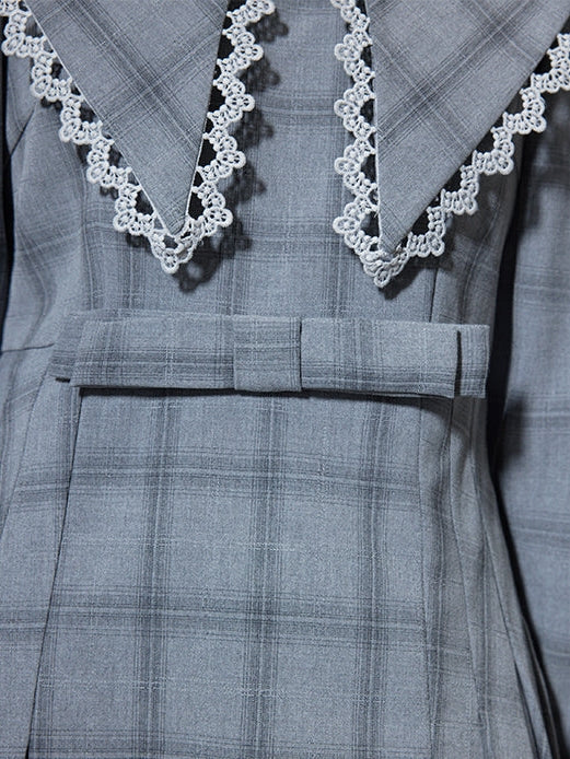 Large Lapel Plaid Pleated Dress