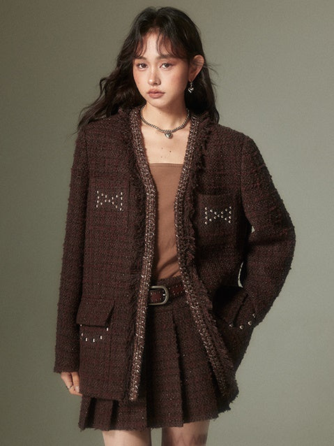 Rivet Glitter Tweed No-Collar Jacket ï¼?Pleated Skirt