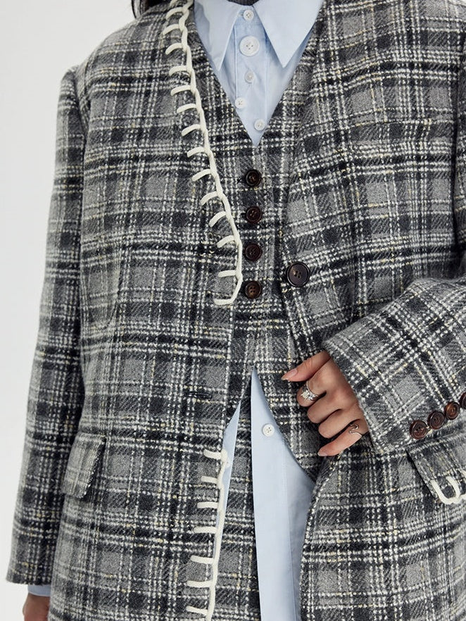 Woven Plaid No-Collar Jacket ï¼?Vest ï¼?Pleated Skirt