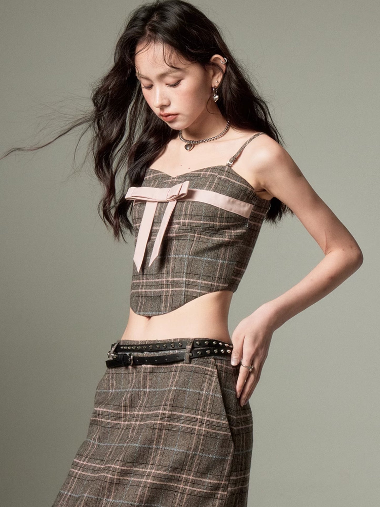 Plaid Bow Cropped Camisole ï¼?Long Skirt