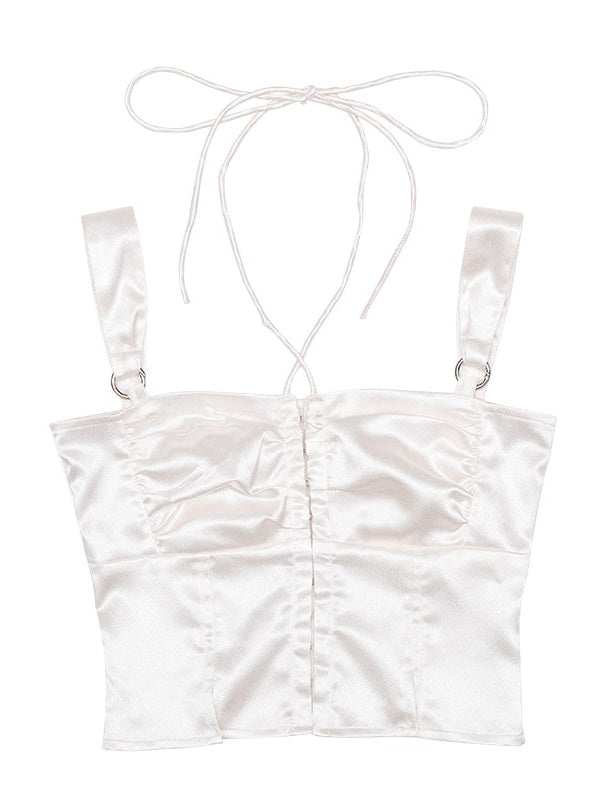 Shiny Suspender Top & Low Waist Pleated Skirt