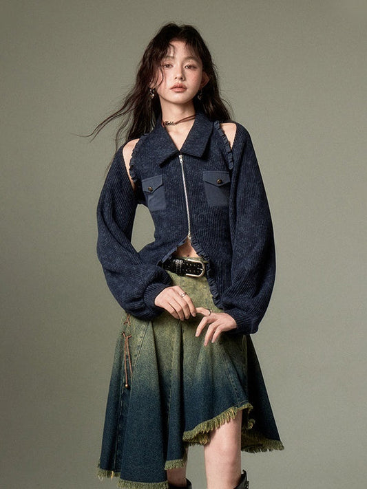 Polo Collar Knitted Sleeveless Top ï¼?Shawl Cardigan Set-up