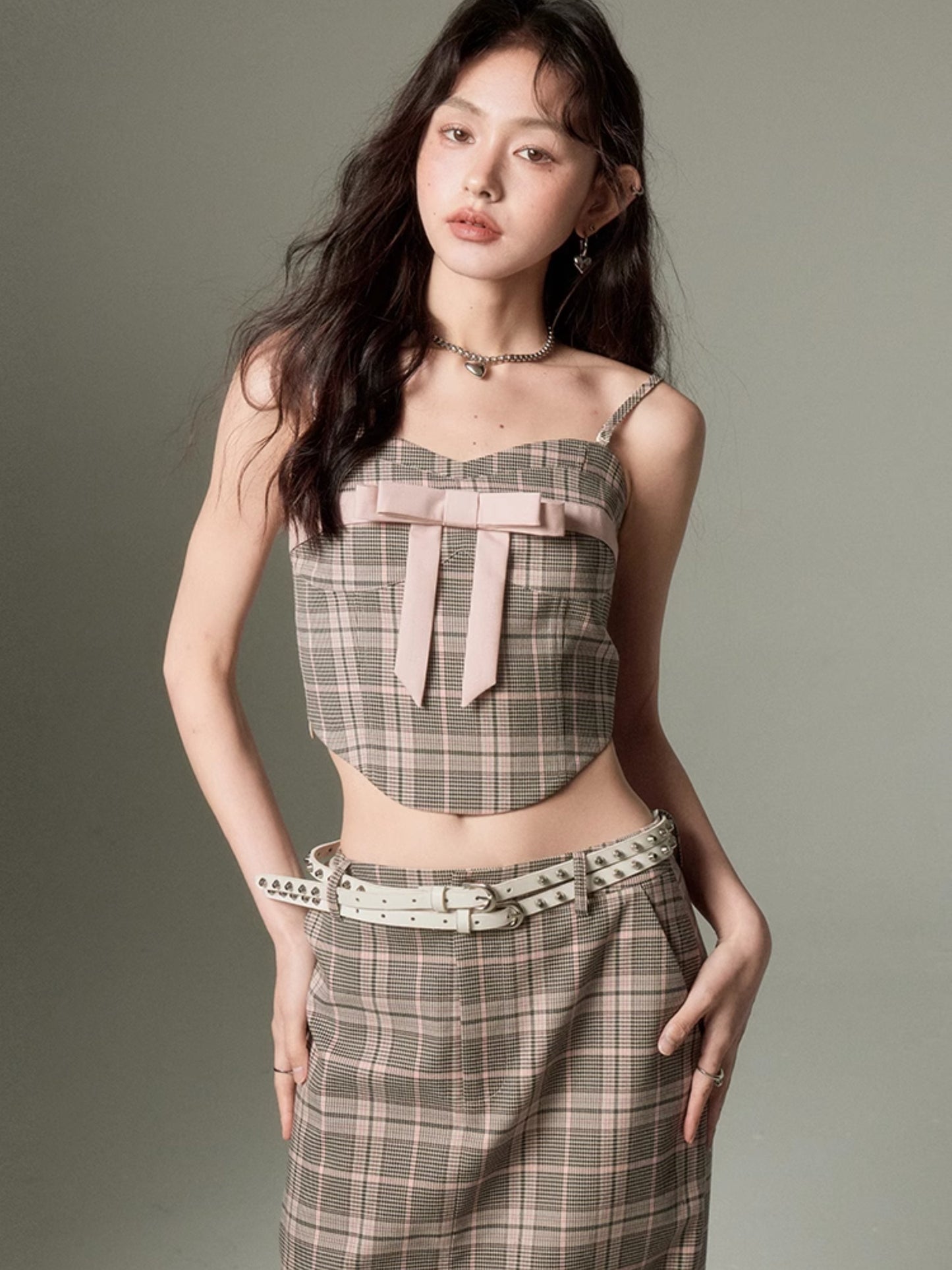 Plaid Bow Cropped Camisole ï¼?Long Skirt