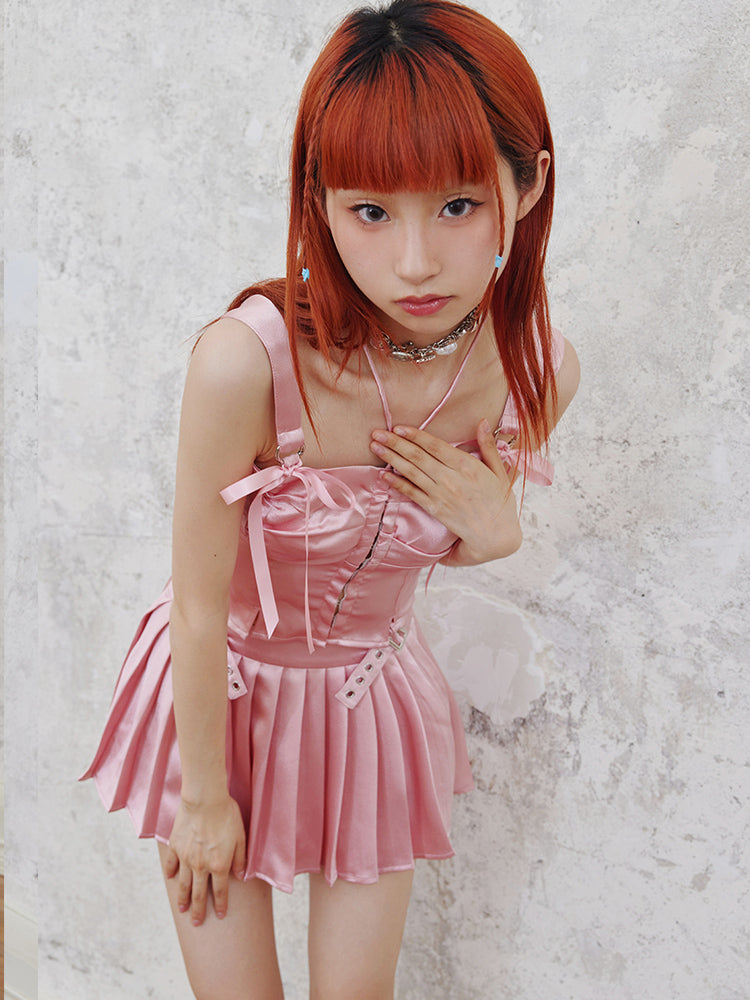 Shiny Suspender Top & Low Waist Pleated Skirt