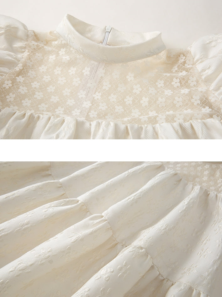 Puff Sleeve Lace Stitching A-line Skirt