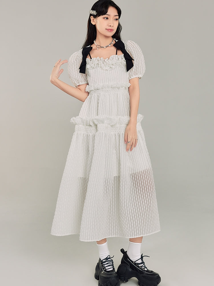 Puff Sleeve Bow Mesh Long Dress