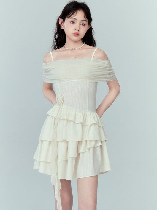 Strap Off-shoulder Ruffle Stitching Dress