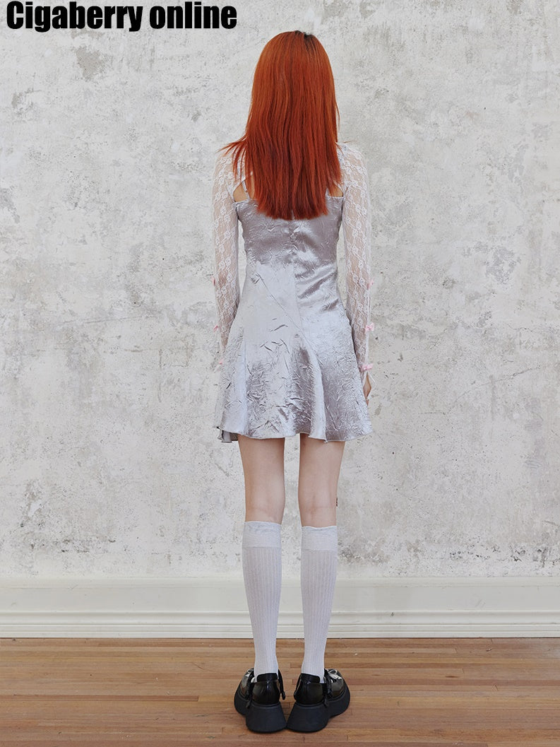 Shiny Hollow Suspender Dress & Lace Sleeve