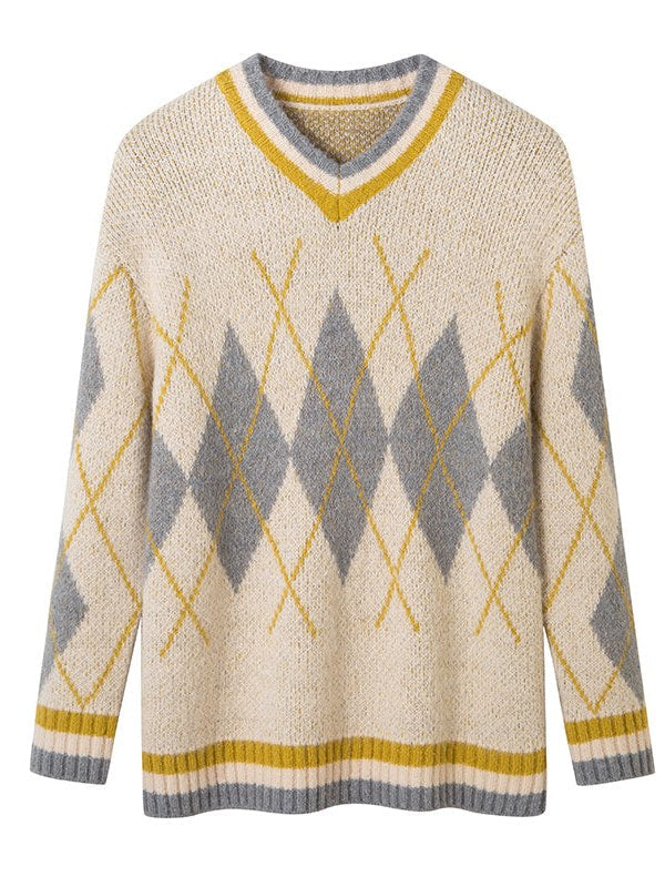 Classic Diamond V-neck Wool Sweater