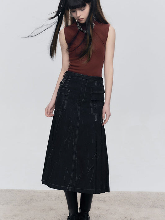 Wrinkle Texture Pleated Pocket Skirt