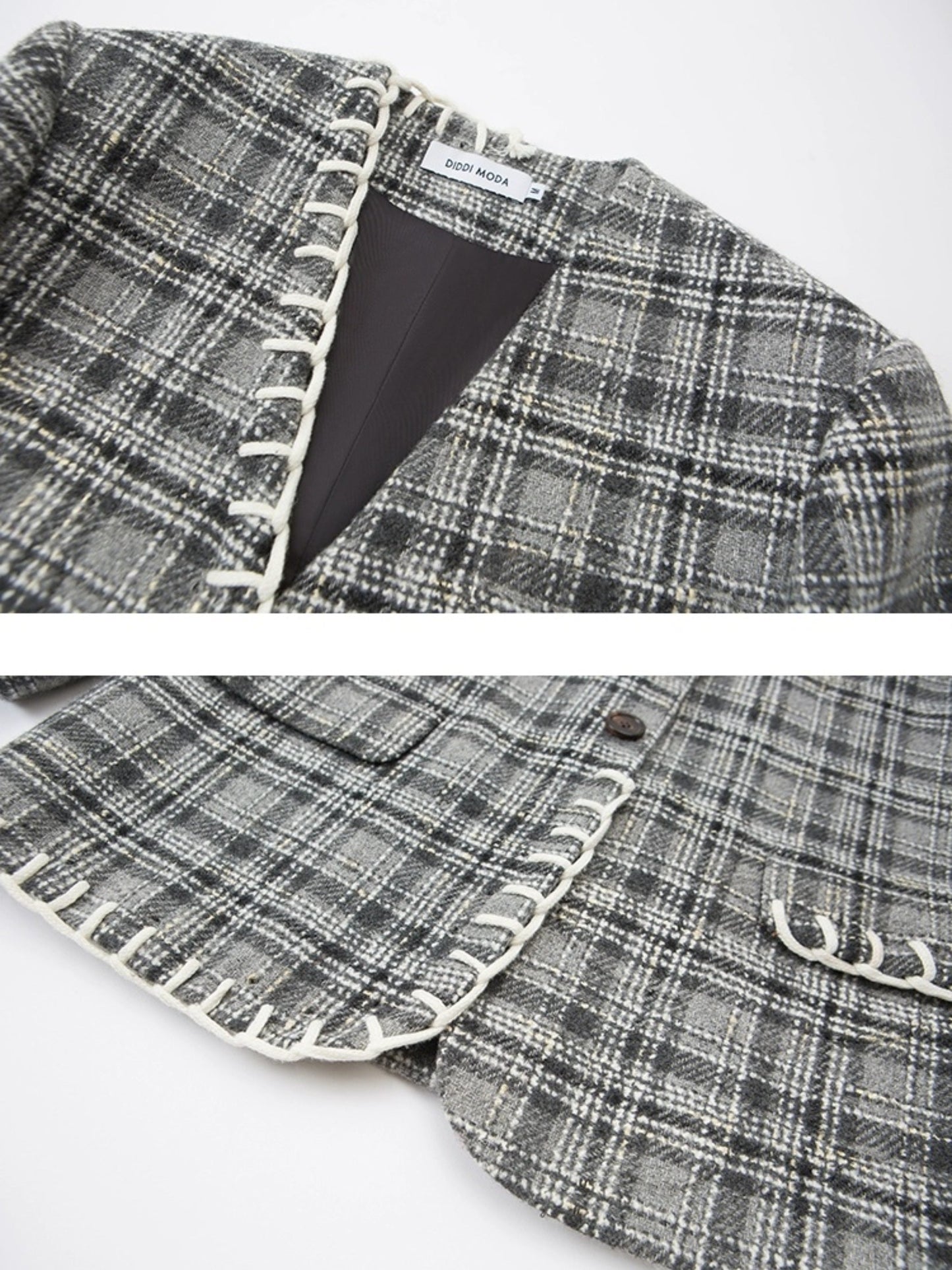 Woven Plaid No-Collar Jacket ï¼?Vest ï¼?Pleated Skirt