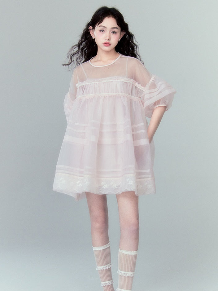 A-line Mesh Sheer Lace Hem Dress