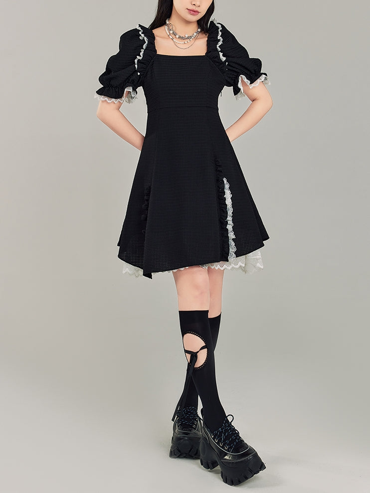 Square Neck Puff Sleeve Black Dress