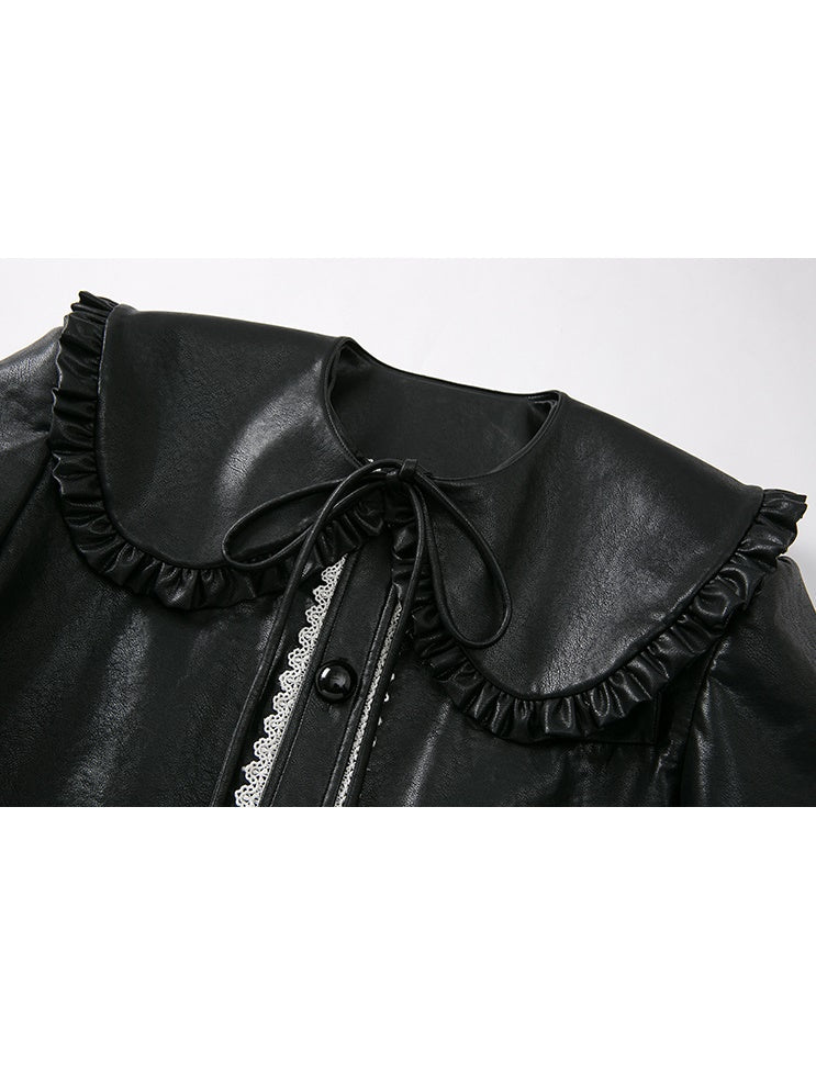 Detachable Fake Collar Lace Leather Jacket