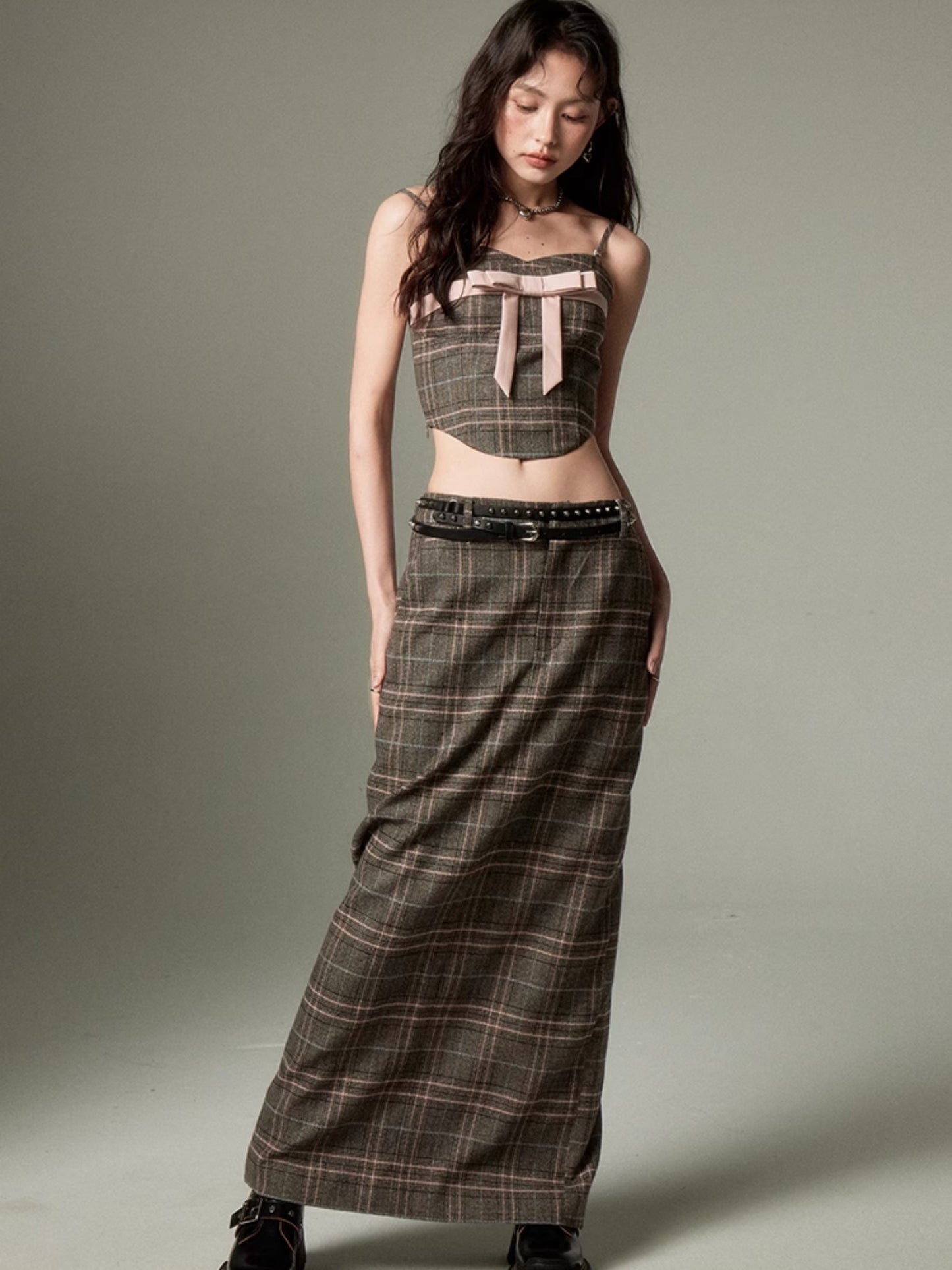 Plaid Bow Cropped Camisole ï¼?Long Skirt