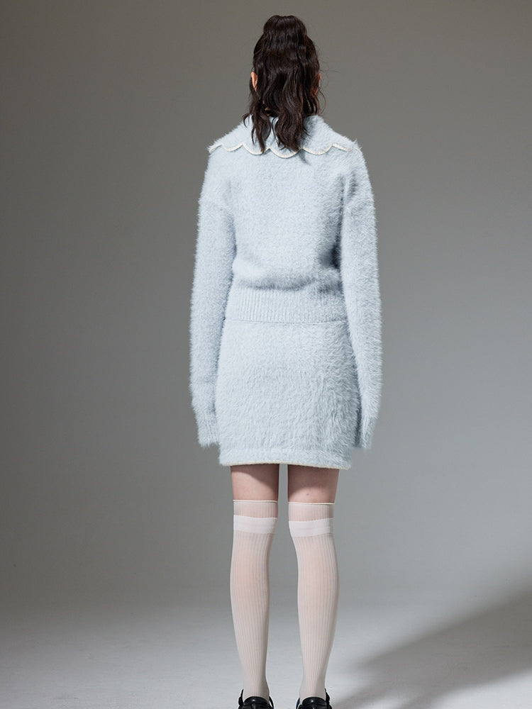 Plush Knitted Cardigan & Skirt