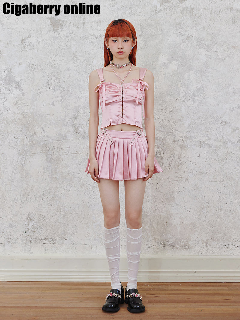 Shiny Suspender Top & Low Waist Pleated Skirt