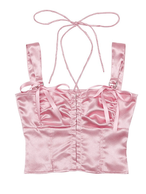 Shiny Suspender Top & Low Waist Pleated Skirt