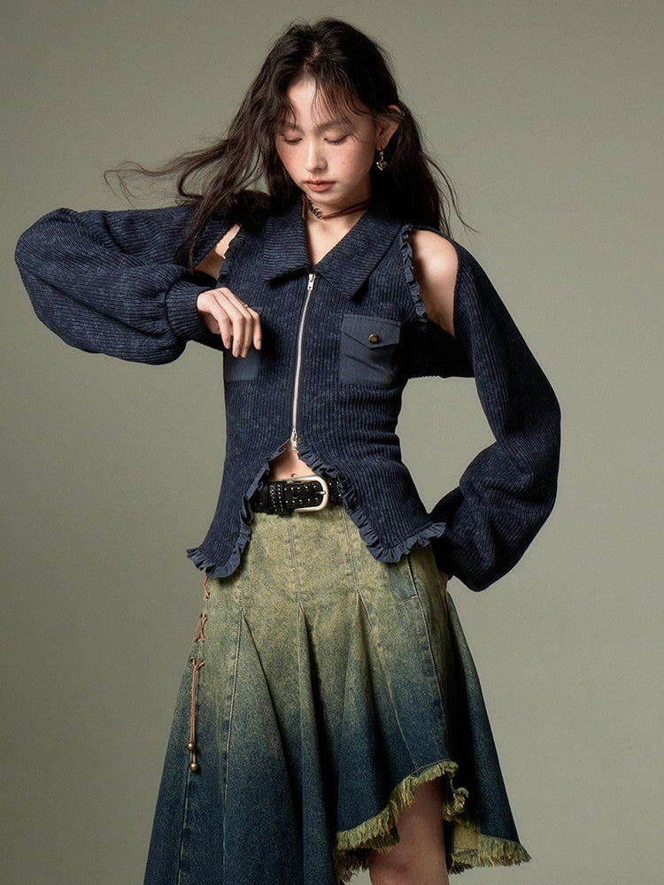 Polo Collar Knitted Sleeveless Top ï¼?Shawl Cardigan Set-up