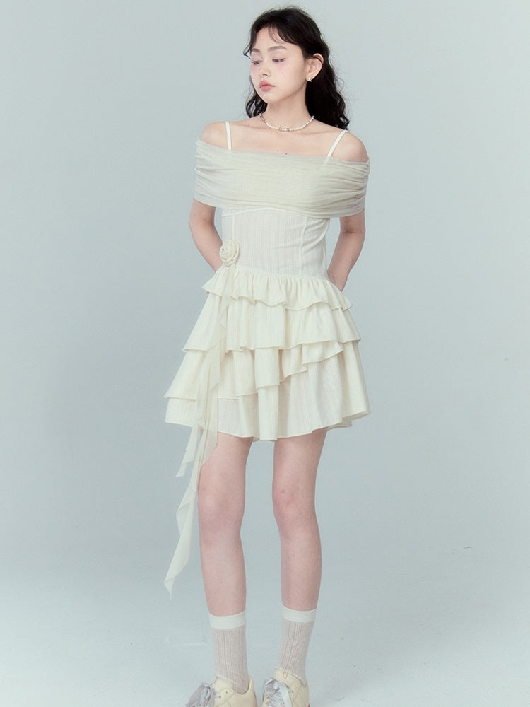 Strap Off-shoulder Ruffle Stitching Dress