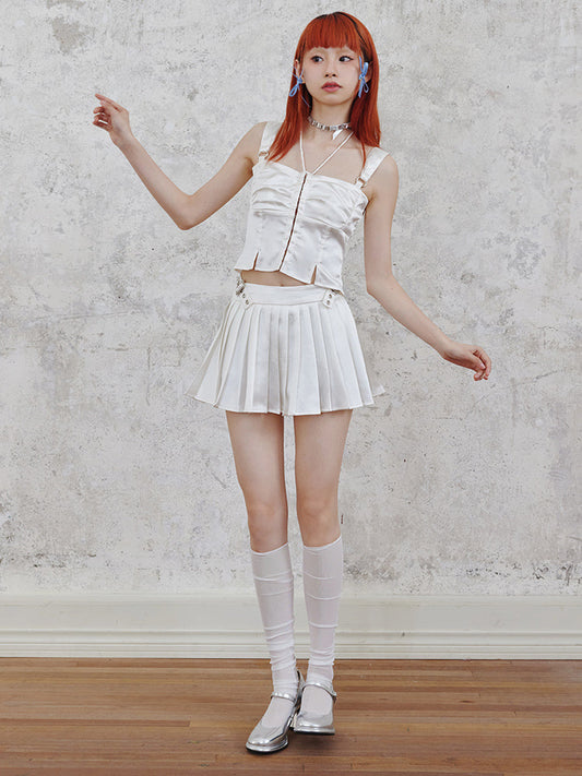 Shiny Suspender Top & Low Waist Pleated Skirt