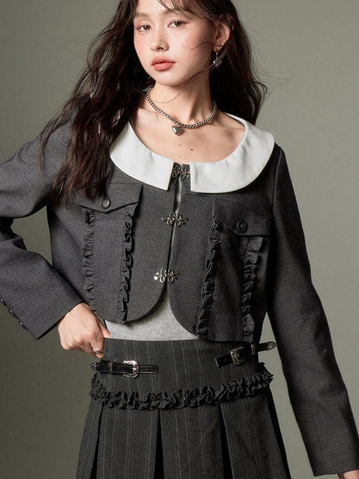 Round Lapel Pocket Lace Short Jacket