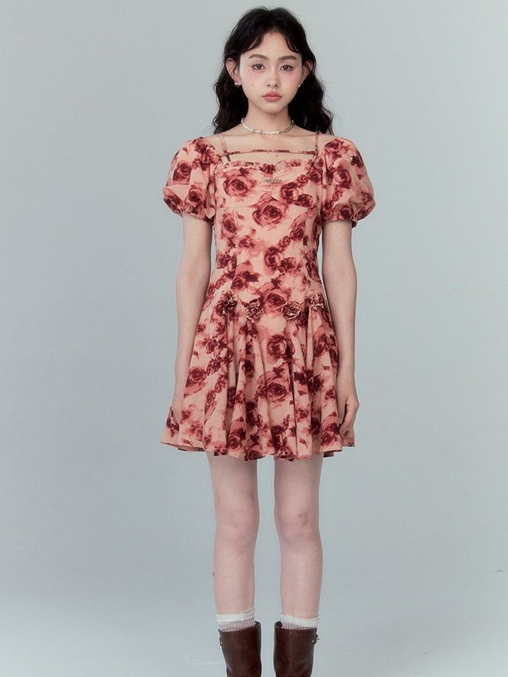 Rose Print Square Collar Puff Sleeve Dress